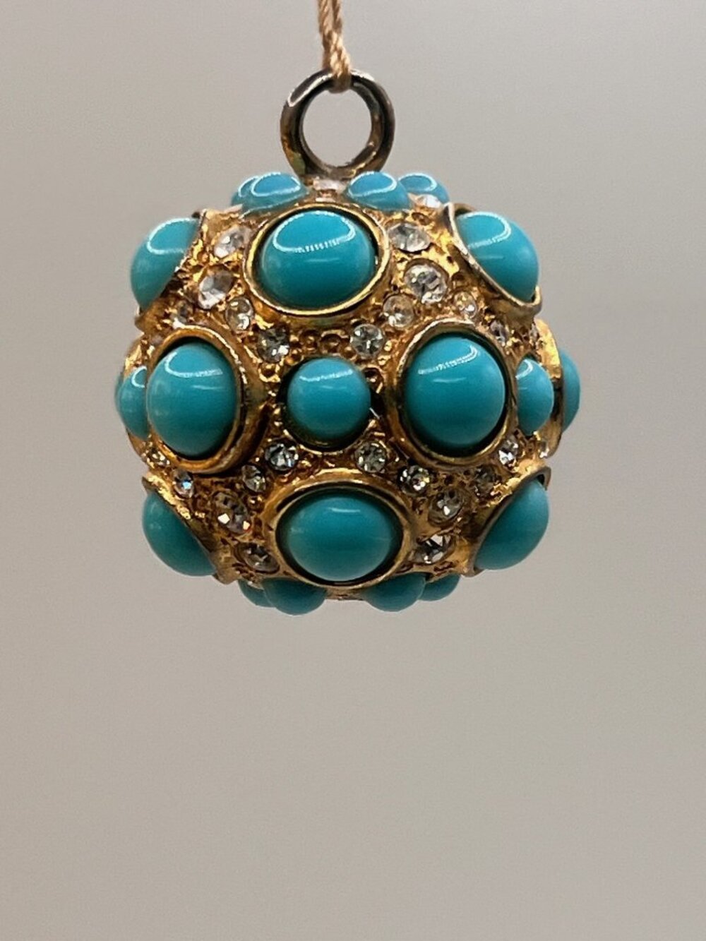 Vintage Kenneth Lane Gold Tone Ball Pendant Faux Turquoise Rhinestones Signed